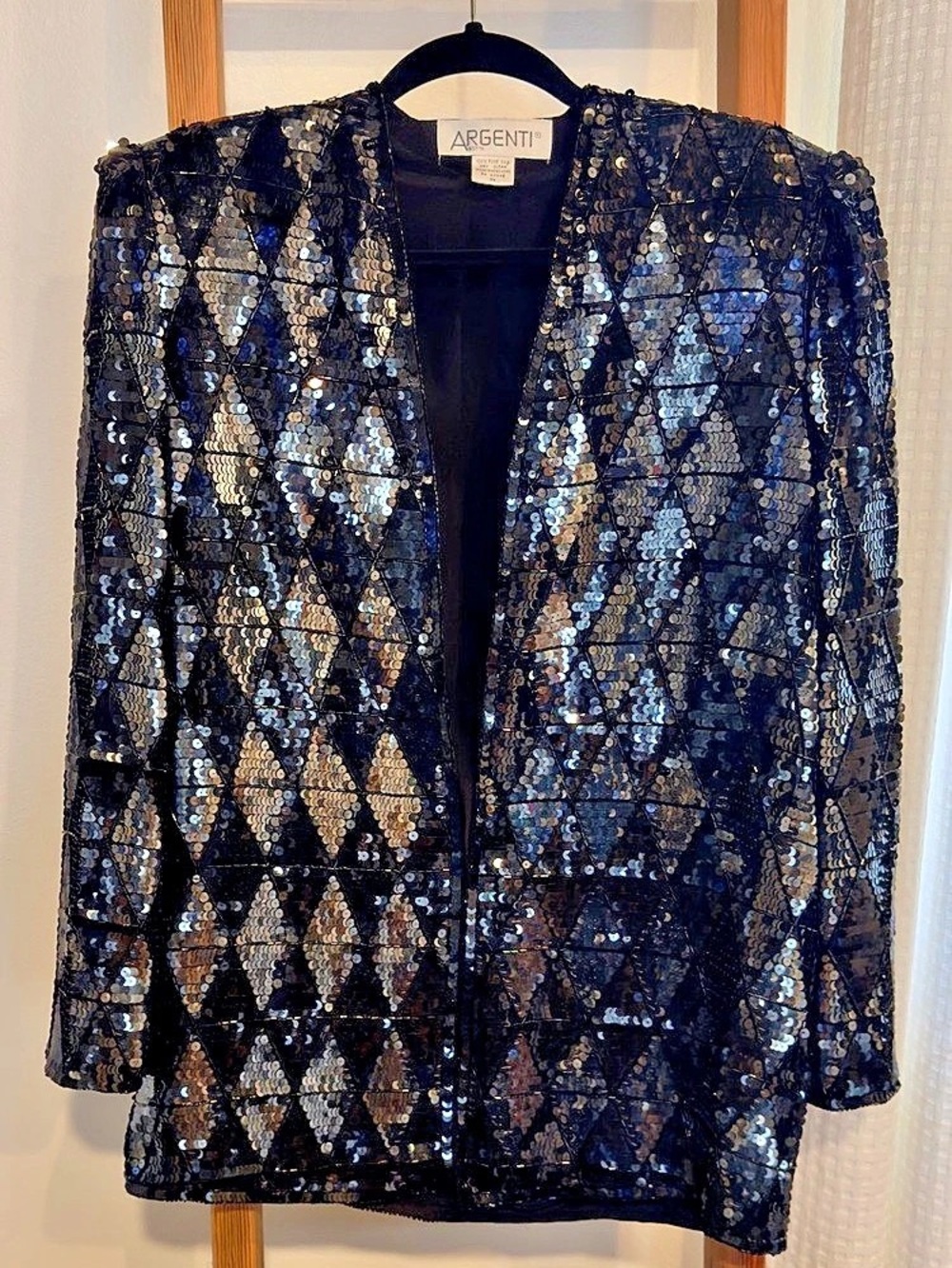 ARGENTI Women's Silk Sequin Blazer in Black & Silver Size Medium
